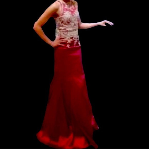 Beautiful Embroidered Appliqué Halter Evening Floor Gown, Ruby Color, Size 6 - Picture 2 of 6